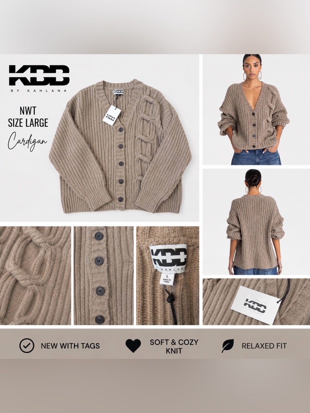 KBB by KAHLANA Chunky Ribbed Chain Detail Cardigan Sweater NWT Size Large